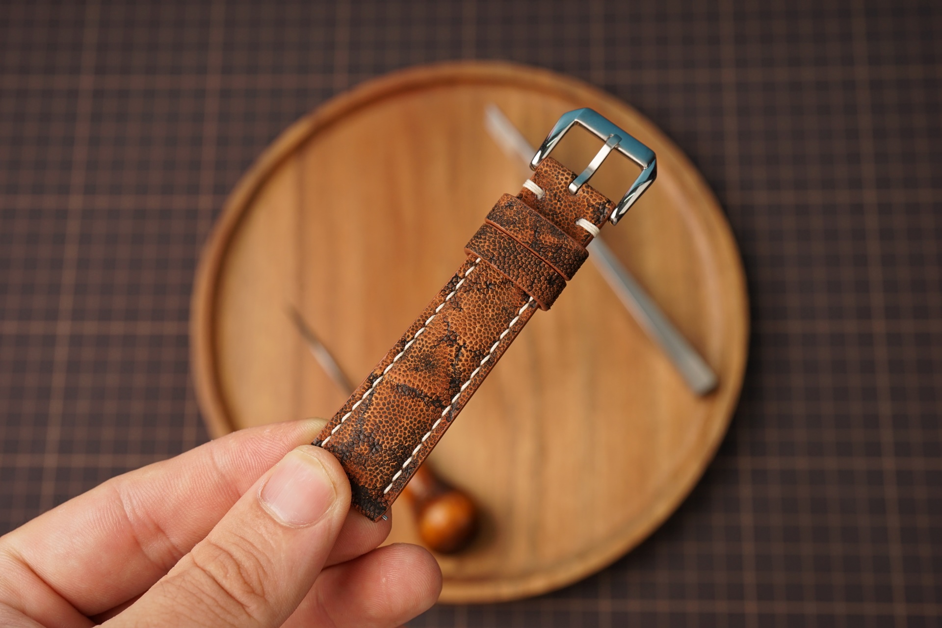 Bespoke Exotic Brown Elephant Leather Watch Strap, Slim Watch Strap (4) Bespoke Exotic Brown Elephant Leather Watch Strap, Slim Watch Strap (2)