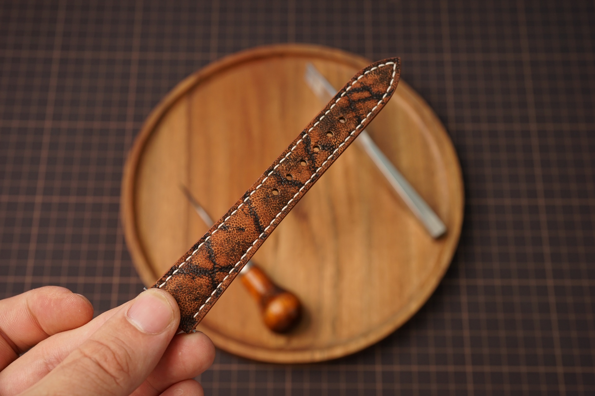 Bespoke Exotic Brown Elephant Leather Watch Strap, Slim Watch Strap (5) Bespoke Exotic Brown Elephant Leather Watch Strap, Slim Watch Strap (2)