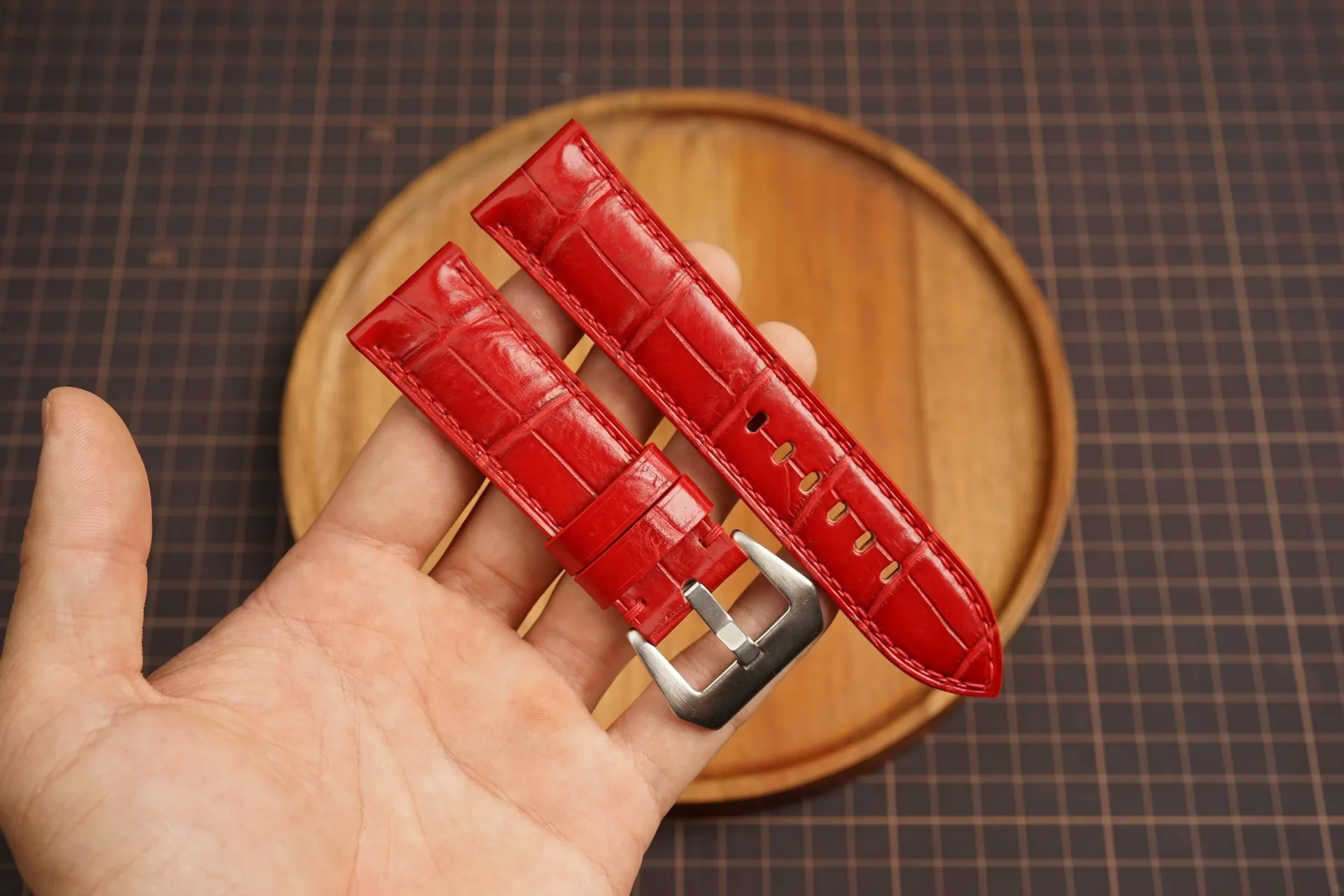 padded red alligator leather watch strap for panerai radiomir, luminor, submersible